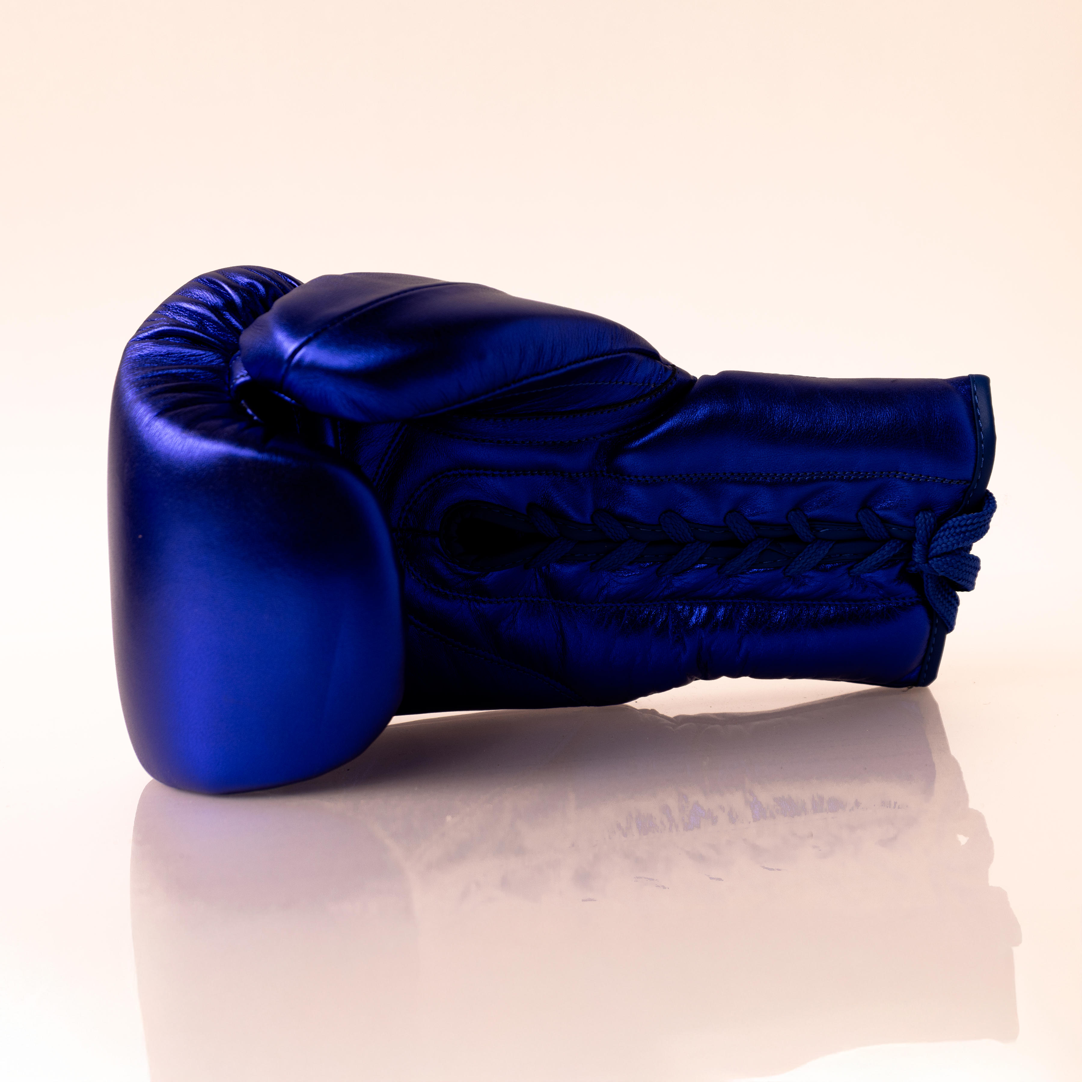 Metallic Royal Blue 14oz Lace-Up Sparring Gloves with Gold Logo